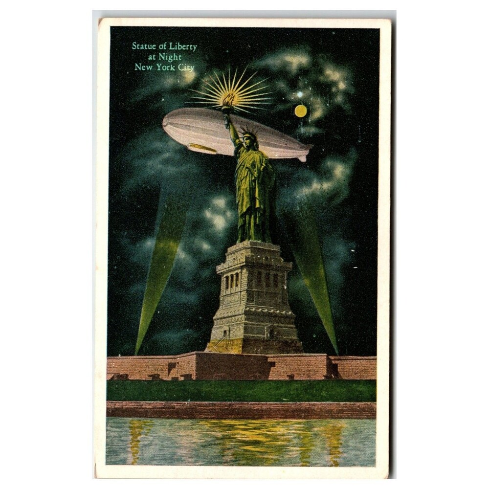 Vintage Statue of Liberty at Night Zeppelin Airship New York City Postcard